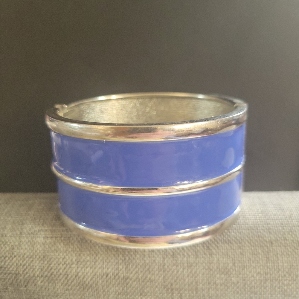 Royal Blue Enamel Silver Tone Wide‎ Hinged Clamper Cuff Bracelet 7 Inch Retro